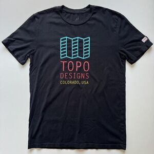 TOPO DESIGNS Short Sleeve Crew Neck Logo‎ Tee Shirt Small Black Climbing Outdoor